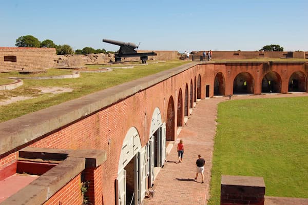 Fort Pulaski National Monument brick fortress with moat, drawbridge, and historic Civil War era gun batteries