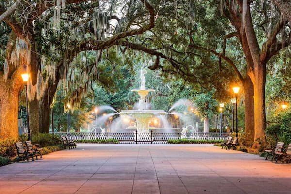 Historic Forsyth Square in Savannah with fountain and Spanish moss
